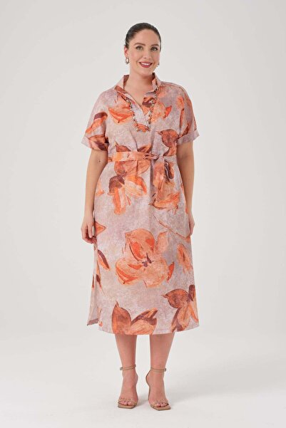 Gemko Belted Poplin Short Sleeve Dress - Orange