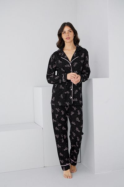 Siyah İnci Costum de pijama cu mânecă lungă, tricotată, cu nasturi, din bumbac, cu imprimeu cu fundă roz, negru7887