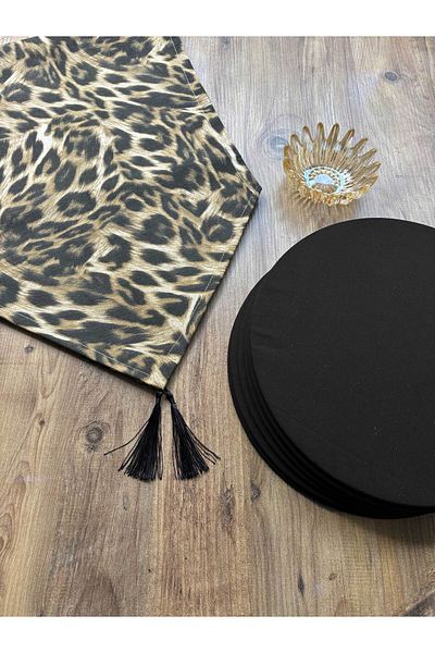 HALFART Runner cu model leopard și set de 6 Supla negre |   Runner de pufă |   Set de masă modern