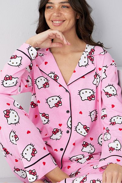 Siyah İnci ροζ άδεια hello kitty μοτίβο Βαμβακερό κουμπιά Πλεκτό μακρυμάνικο κοστούμι πιτζάμα7314