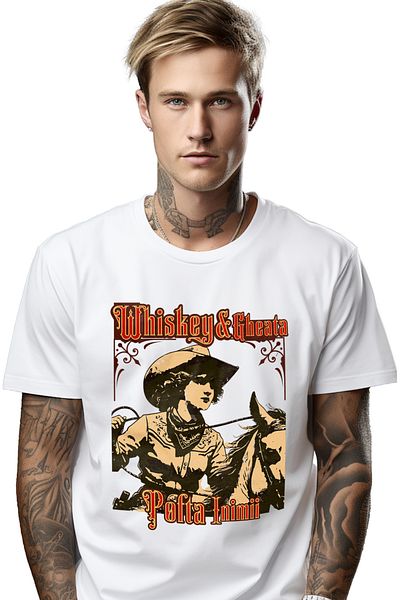StoryGift Romania Tricou Barbati Whiskey Si Gheata Pofta Inimii Fata Pe Cal Vestul Salbatic Cu Imprimeu Pe F Stg