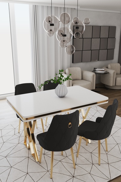 DEREN HOME Rio Gold Serisi 80x130 Mdf Masa 4 Adet Metal Ayaklı Silinebilir Ku...