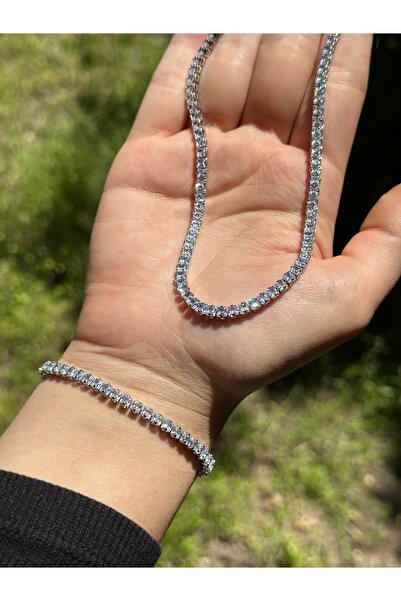AYZENA VİP Suyolu Kolye, Bileklik Gümüş Renk Zirkon Taş Detaylı Çelik Set