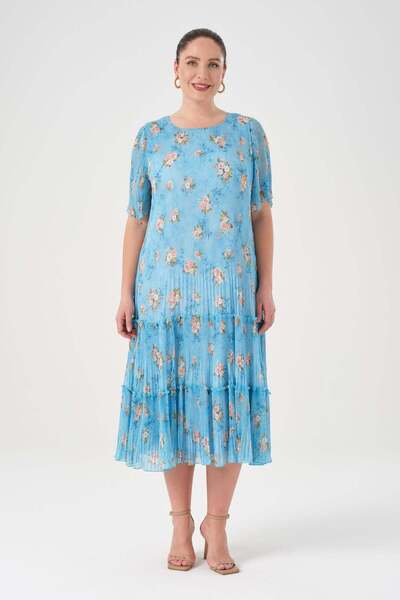 Gemko Floral Patterned Pleated Chiffon Dress Blue