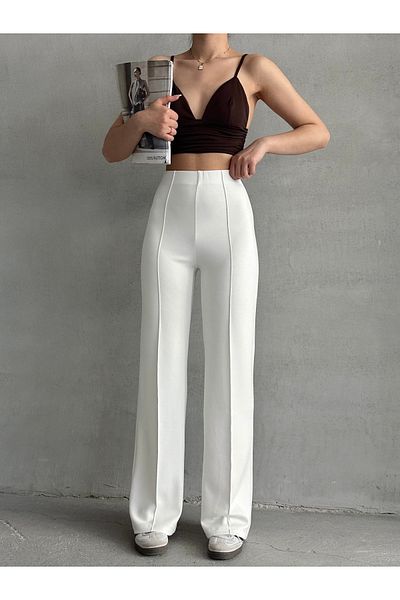Lusin Women's White Rib Detailed Modal Fabric Stylish High Waist Trousers