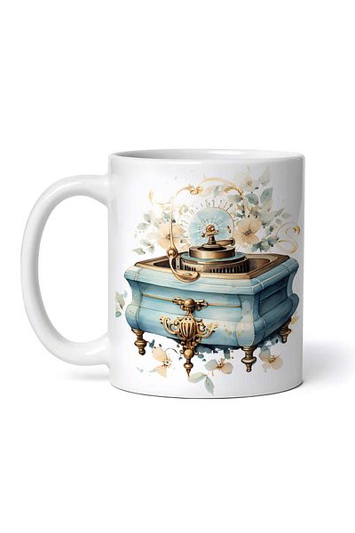 OEM Cană albă personalizată, instrument muzical vintage albastru cu flori, INOVATIX®. 330ml