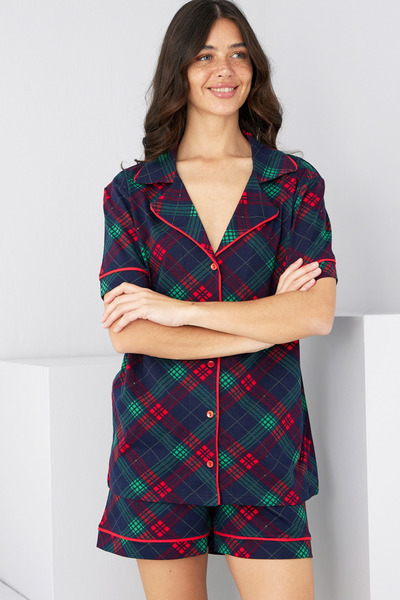 Siyah İnci Red Navy Blue Checked Cotton Buttoned Ribbed Knitted Shorts Set7885