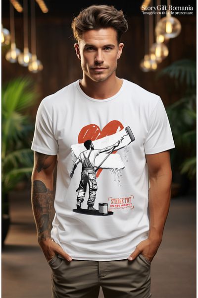 StoryGift Romania Tricou Barbati Zugrav Stergand Inima Dezamagit Dragoste Toxica Cu Imprimeu Pe Fata, 100% Stg
