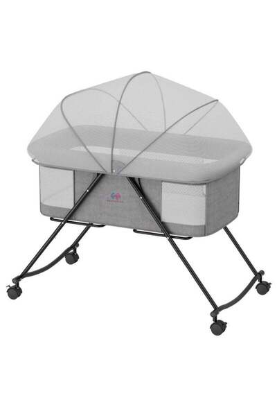 BabyCara 2-in-1 Rocking Baby Cot Adjustable Heights Bedside Foldable Portable Bassinet for Newborns Grey