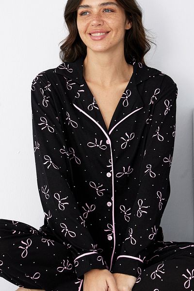 Siyah İnci Costum de pijama cu mânecă lungă, tricotată, cu nasturi, din bumbac, cu imprimeu cu fundă roz, negru7887
