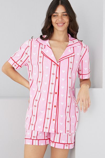 Siyah İnci Pink Red Line Pattern Cotton Buttoned Bias Knitted Shorts Suit7885