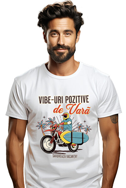 StoryGift Romania Tricou Barbati Vibe-uri Pozitive De Vara. Savurează Vacanta Motor Cu Imprimeu Pe Fata, 100 Stg