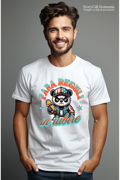 StoryGift Romania Tricou Barbati Urs Panda Skater Suparat Fara Reguli In Iubire Cu Imprimeu Pe Fata, 100% Bu Stg