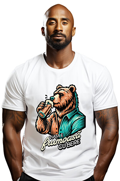 StoryGift Romania Tricou Barbati Viata E Frumoasa Cu Bere Urs Cu Halba Cu Imp...