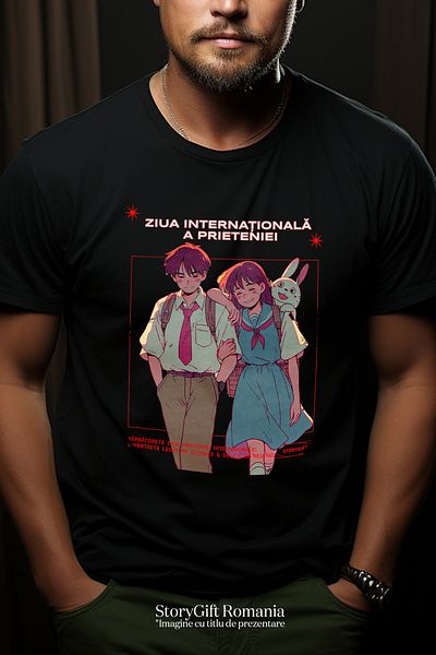 StoryGift Romania Tricou Barbati Ziua Internationala A Prieteniei Iubire Familie Cu Imprimeu Pe Fata, 100% B Stg