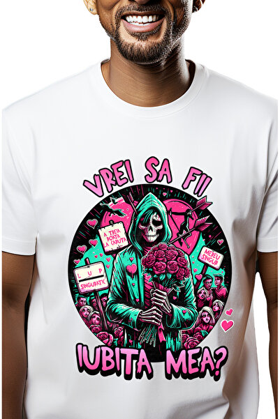 StoryGift Romania Tricou Barbati Vrei Sa Fii Iubita Mea Schelete Flori Romant...