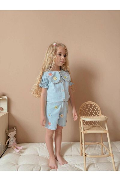 YİGİT BUTİK Yigit Butik Denim Fabric Floral Shorts Girl's Suit