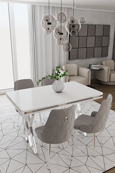 DEREN HOME Rio Serisi 80x130 MDF masa + 4 Adet Metal Ayaklı Sandalye Silinebilir Kumaş Gri