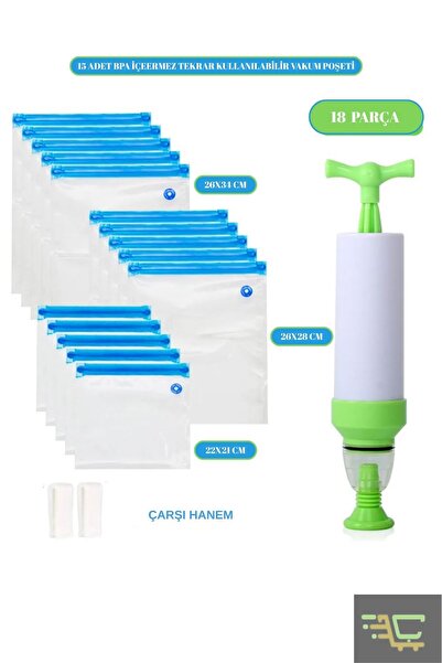 ÇARŞI HANEM El Pompalı Vakum Gıda Paketleme Poşetleri Yeniden Kullanılabilir 15 Adet Gıda Vakum Paketleme Poşeti