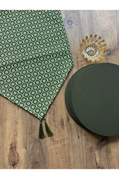 HALFART Yeşil Yonca Desenli Runner ve 6’lı Yeşil Supla Takımı | Duck Keten | ...