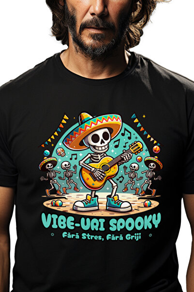 StoryGift Romania Tricou Barbati Vibe-uri Spooky Fara Stres, Fara Griji Schelete Cantand La Chitara Cu Impri Stg