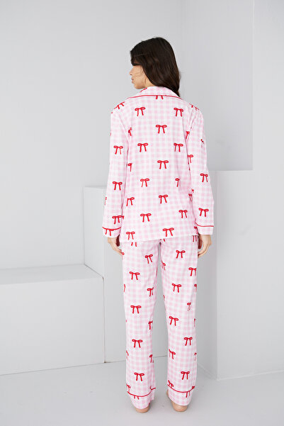 Siyah İnci Pink Checkered Bow Pattern Cotton Buttoned Ribbed Knitted Long Sleeve Pajama Suit7887