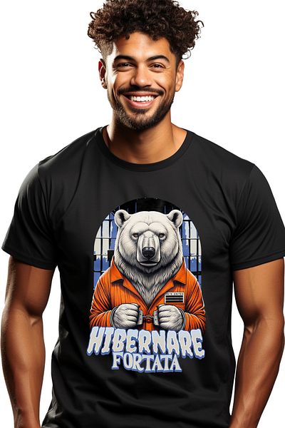 StoryGift Romania Men's T-Shirt Bear in prison forced hibernation with print on the front, 100% Cotton, Black