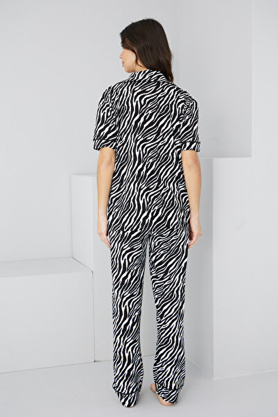 Siyah İnci Costum de pijama tricotat cu nasturi din bumbac cu imprimeu zebră alb-negru7352