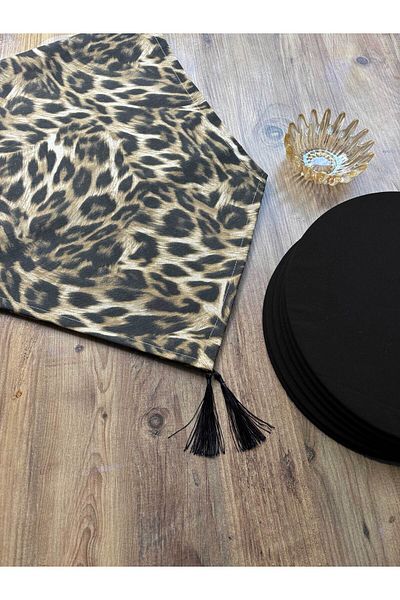 HALFART Runner cu model leopard și set de 6 Supla negre |   Runner de pufă |   Set de masă modern