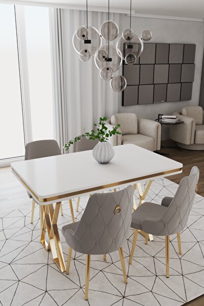 DEREN HOME Rio Gold Serisi 80x130 Mdf Masa 4 Adet Metal Ayaklı Silinebilir Ku...