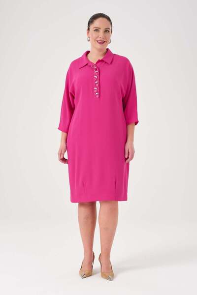 Gemko Bat Sleeve Collar Embroidered Dress - Fuchsia