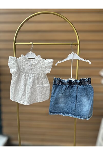 Bellarose Frilly Lace Blouse, Denim Skirt and Knitted Hat Girl's Set 3-Piece Combination