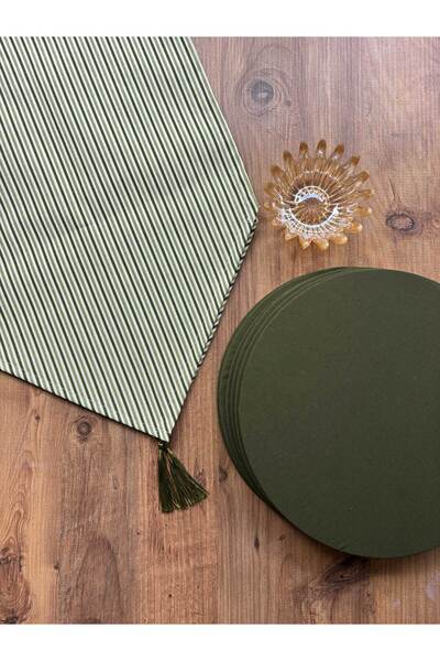 HALFART Yeşil Çizgili Duck Keten Runner ve 6’lı Yeşil Supla Takımı | Şık Masa...