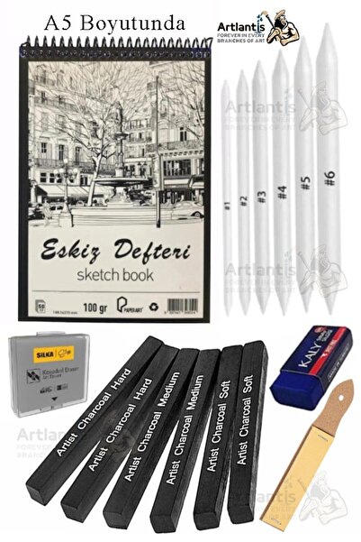 Artlantis Sıkıştırılmış Kömür Füzen ve A5 Eskiz Defteri 1 Paket Siyah Kare Pr...