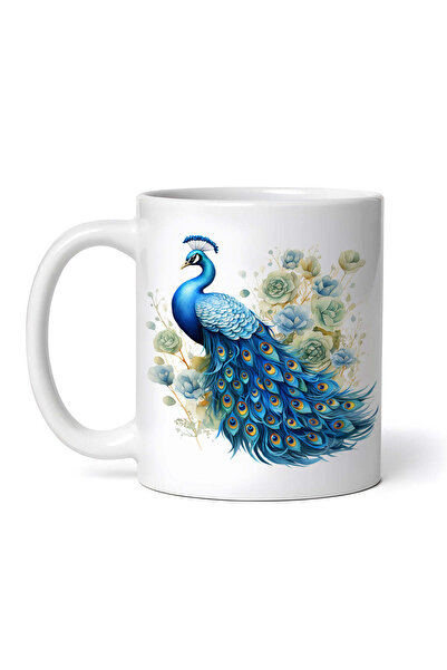 OEM Cană albă personalizată, Păun albastru cu flori verzi, INOVATIX®. 330ml