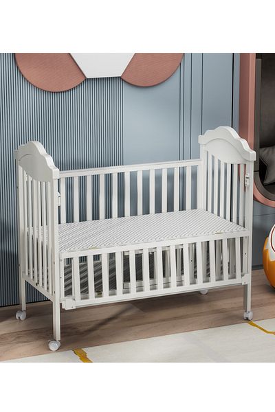 BabyCara Wooden Baby Bed with Elegant Design With 3 Heights and Side Door, Mosquito Net 120x60