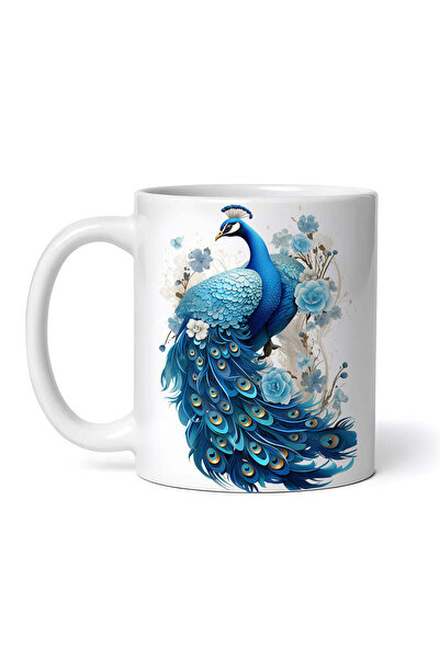 OEM Cană albă personalizată, Păun albastru cu trandafiri albaștri, INOVATIX®....