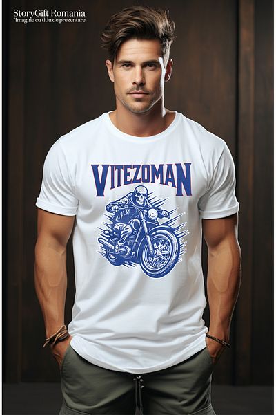 StoryGift Romania Tricou Barbati Vitezoman Schelete Pe Motor Viteza Cu Imprimeu Pe Fata, 100% Bumbac, Alb, Stg