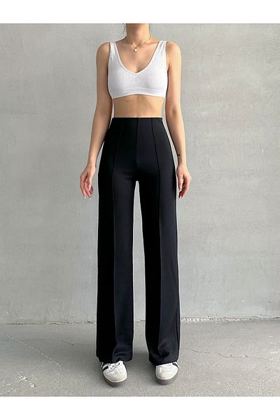 Lusin Women's Black Ribbed Detailed Modal Fabric Stylish High Waist Trousers