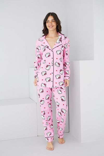 Siyah İnci ροζ άδεια hello kitty μοτίβο Βαμβακερό κουμπιά Πλεκτό μακρυμάνικο κοστούμι πιτζάμα7314