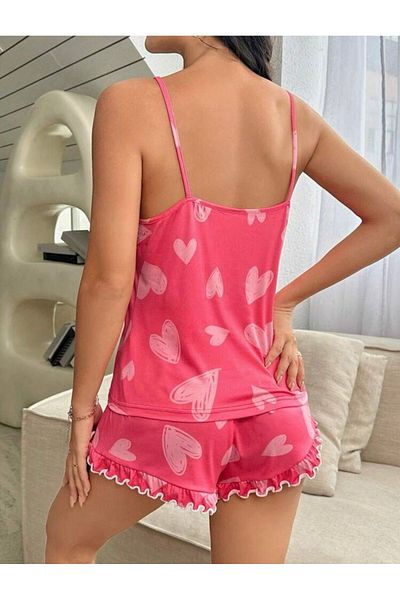 CSR HOMEWEAR Women's Strap Ruffle Shorts Suit Pink Hearts Love Suprembonjour
