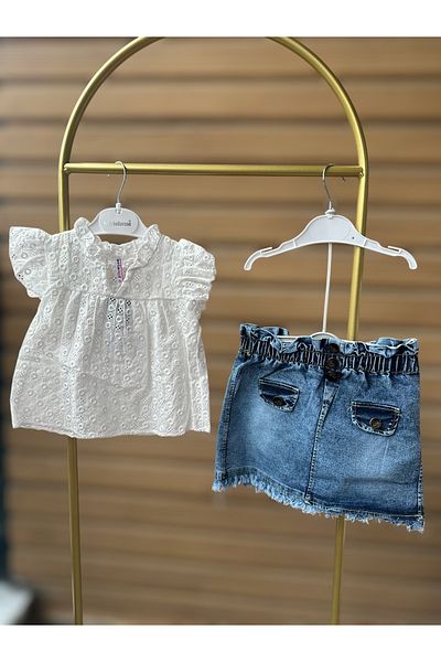 Bellarose Frilly Lace Blouse, Denim Skirt and Knitted Hat Girl's Set 3-Piece Combination
