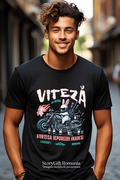 StoryGift Romania Men's T-shirt speed on a motorbike belly forward, motorcycle rabbit with print on the front, 10