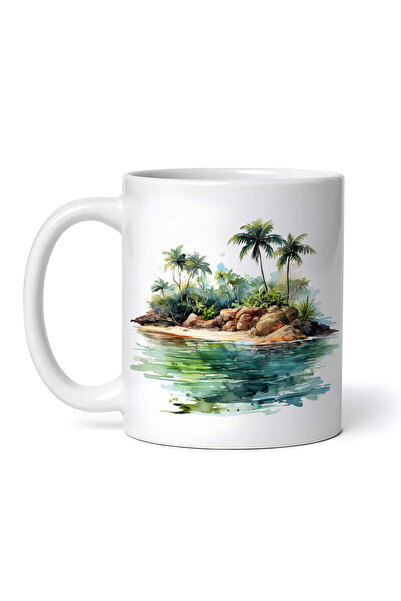 OEM Cană albă personalizată, Insulă pustie cu palmieri, INOVATIX®. 330ml