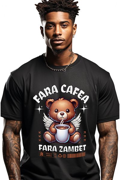 StoryGift Romania Tricou Barbati Urs De Plus Cu Cana De Cafea Fara Cafea Fara Zambet Cu Imprimeu Pe Fata, 10 Stg