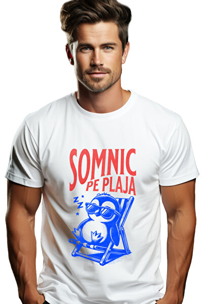 StoryGift Romania Tricou Barbati Somnic Pe Plaja, Pinguin Cu Ochelarii De Soa...