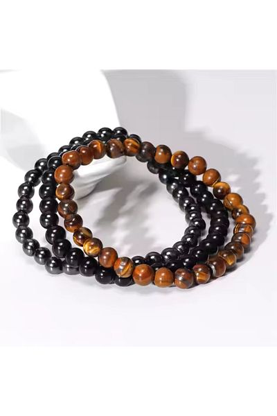 HOBİSY GIFT SHOP 3-Piece Energy Bracelet from Genuine Natural Stones – Tiger Eye, Onyx, Hematite
