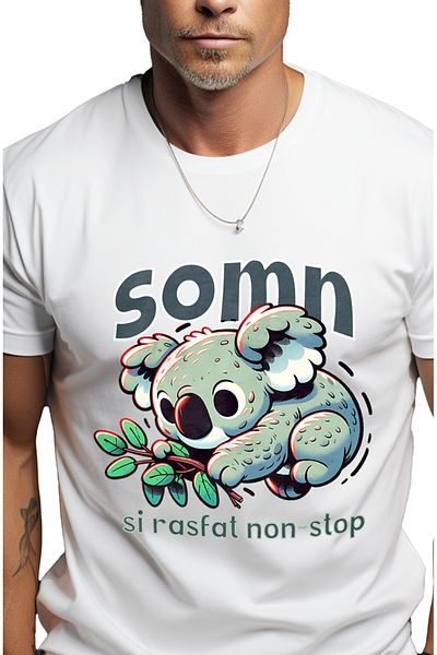 StoryGift Romania Tricou Barbati Koala Somn Si Rasfat Non Stop, Relaxare, Urs Koala Cu Imprimeu Pe Fata, 100stg