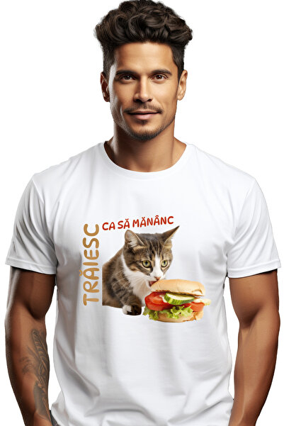 StoryGift Romania Tricou Barbati Pisica Cu Un Hamburger Text Haios Traiesc Ca...