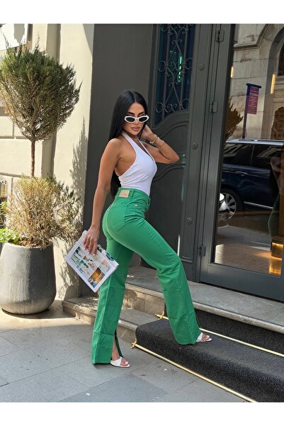 LB Laluna Butik Women's High Waist Leg Slit Bootcut Jean Trousers